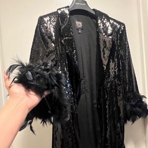 River Island Shimmering Black Sequin Blazer with Feather Cuffs